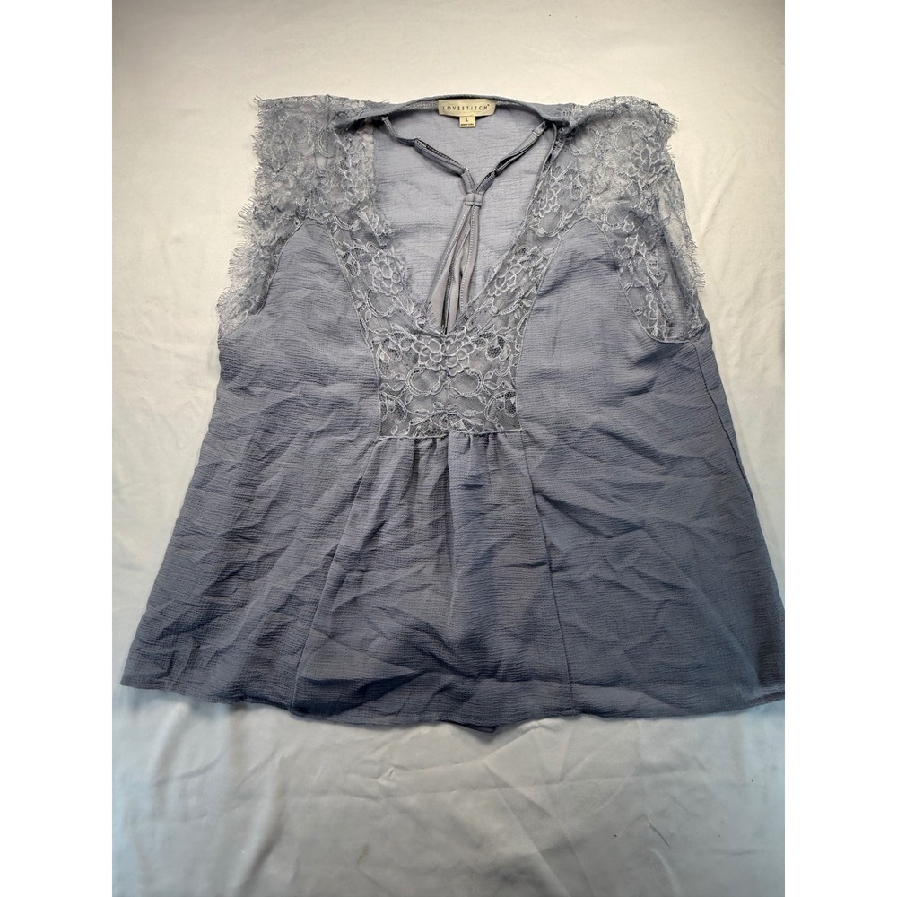 Lovestitch Womens Blue Lace V-Neck Sleeveless T-Back Babydoll Tank Top Large